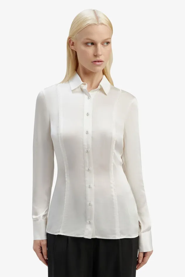 Women Bardot Shirts and Blouses Fitted Satin Shirt In Oyster Oyster Women Bardot Shirts and Blouses Fitted Satin Shirt In Oyster Oyster