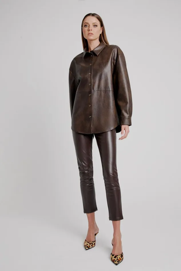 Women Bardot Shirts and Blouses Jaedon Vegan Leather Shirt In Dark Chocolate Dark Chocolate