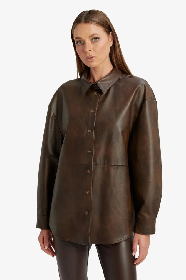 Women Bardot Shirts and Blouses Jaedon Vegan Leather Shirt In Dark Chocolate Dark Chocolate