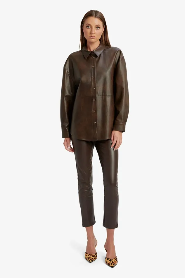 Women Bardot Shirts and Blouses Jaedon Vegan Leather Shirt In Dark Chocolate Dark Chocolate