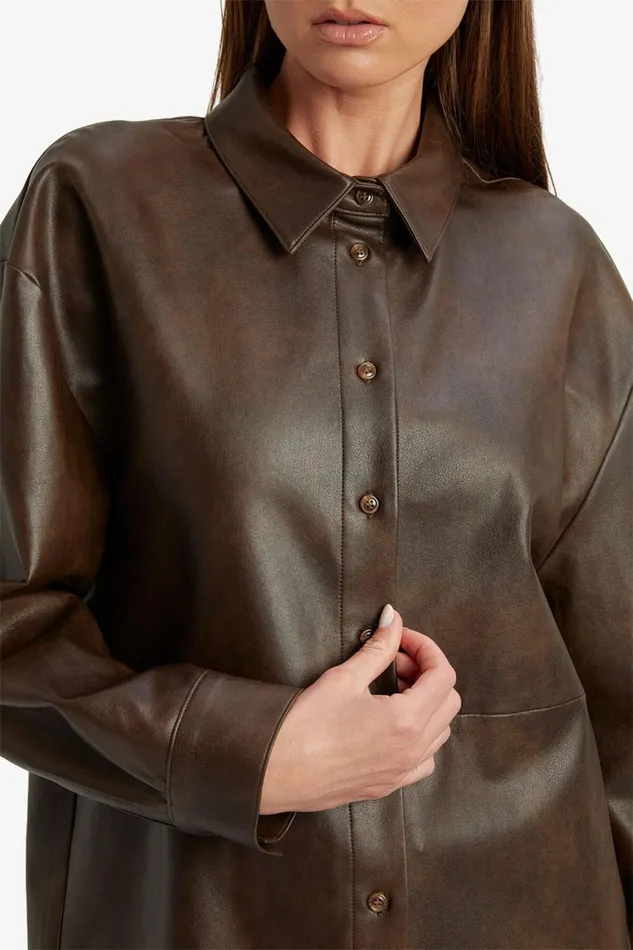 Women Bardot Shirts and Blouses Jaedon Vegan Leather Shirt In Dark Chocolate Dark Chocolate