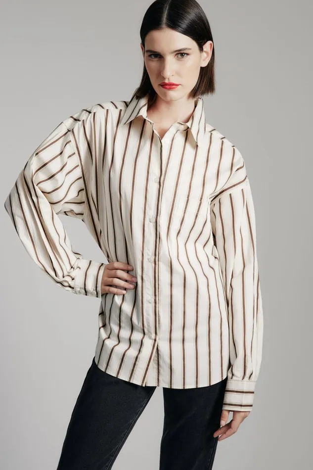 Women Bardot Shirts and Blouses Striped Oversized Shirt In Oatmeal Oatmeal