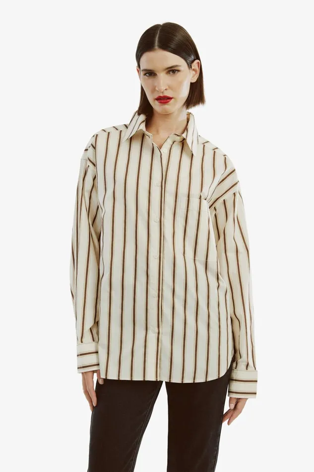 Women Bardot Shirts and Blouses Striped Oversized Shirt In Oatmeal Oatmeal Women Bardot Shirts and Blouses Striped Oversized Shirt In Oatmeal Oatmeal