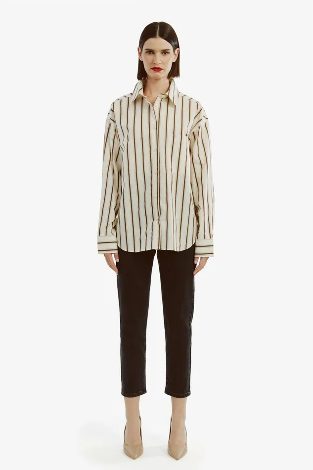 Women Bardot Shirts and Blouses Striped Oversized Shirt In Oatmeal Oatmeal Women Bardot Shirts and Blouses Striped Oversized Shirt In Oatmeal Oatmeal