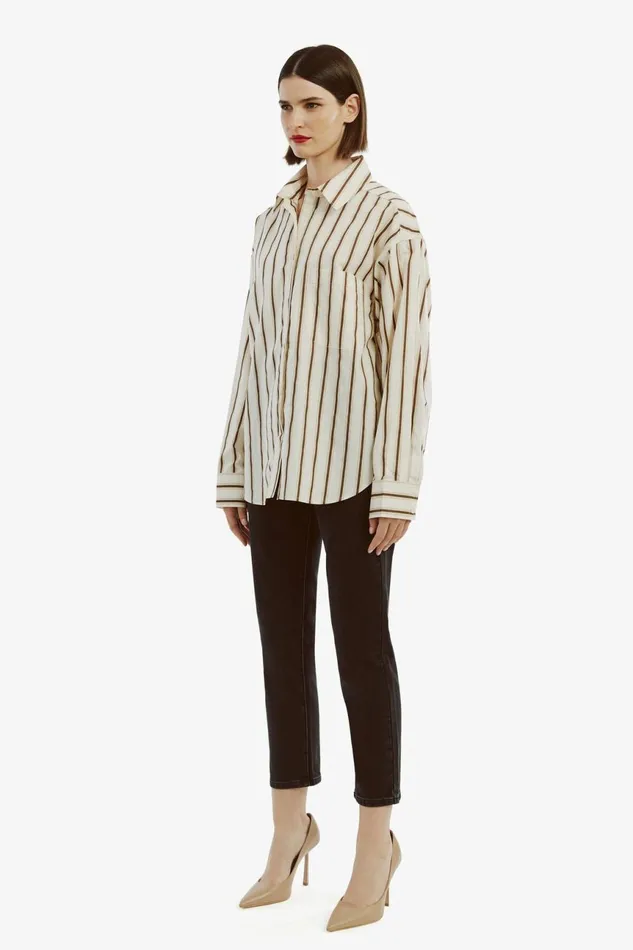 Women Bardot Shirts and Blouses Striped Oversized Shirt In Oatmeal Oatmeal Women Bardot Shirts and Blouses Striped Oversized Shirt In Oatmeal Oatmeal