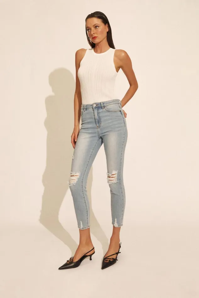 Women Bardot Skinny Jean Khloe Hi Crop Jeans In Mid Blue Mid Blue