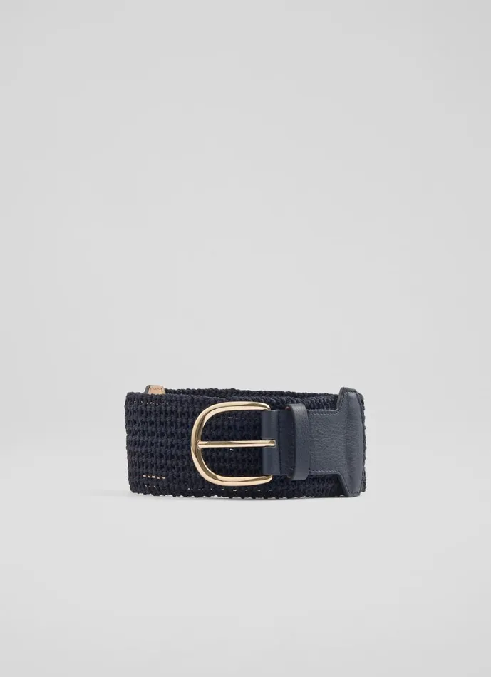 Women Belts LKBennett Eliana Blue Woven Cotton And Leather Wide Belt