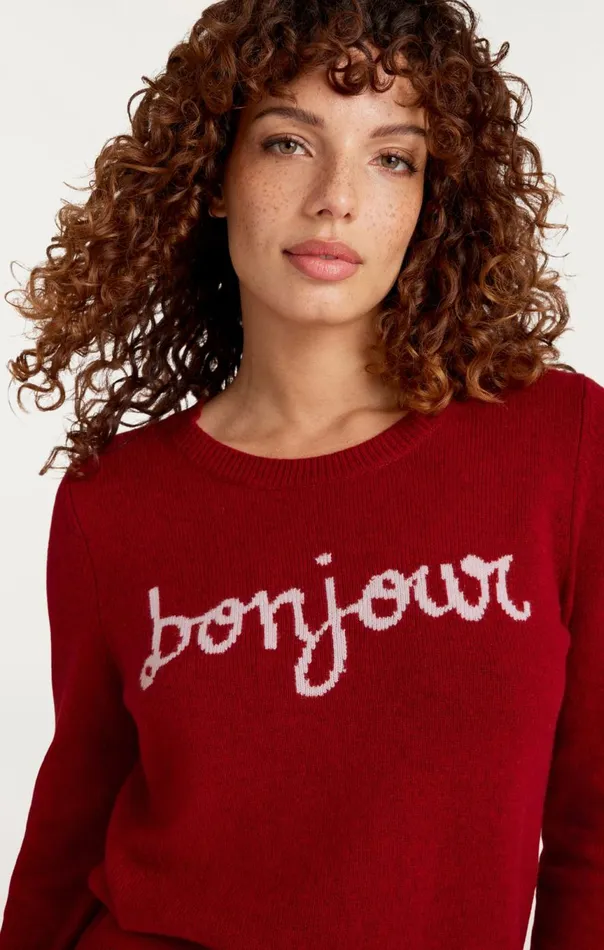 Women Bonjour Graphic Crewneck Sweater Rosewoodivory Cinq Sept Sweaters and Knits