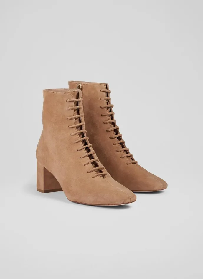 Women Boots LKBennett Arabella Tan Suede Lace Up Ankle Boots Brown
