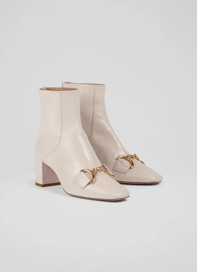 Women Boots LKBennett Nadina Ecru Crinkle Patent Ankle Boots Ecru