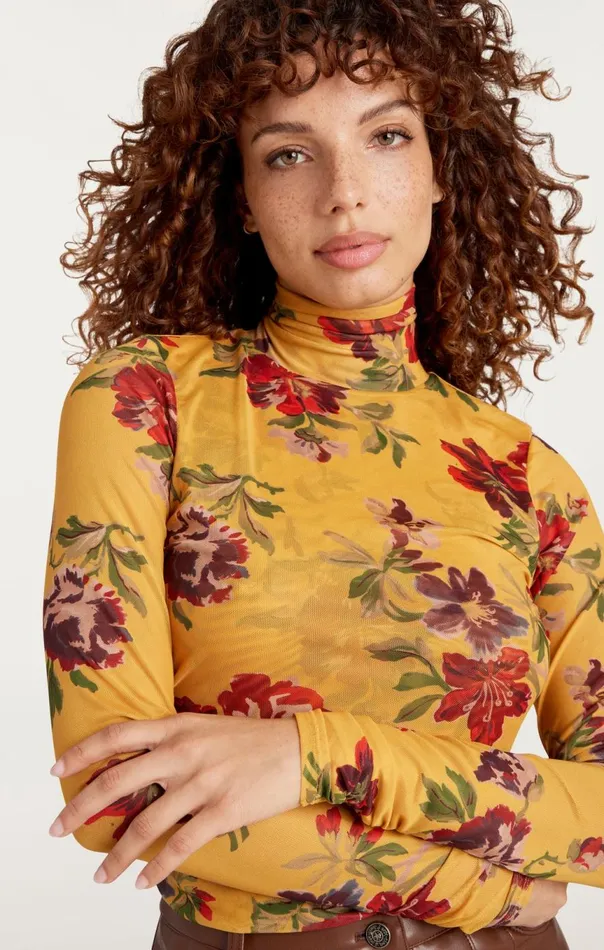 Women Brigitte Floral Shirred Mesh Turtleneck Deepgoldmulti Cinq Sept Long Sleeve Tops