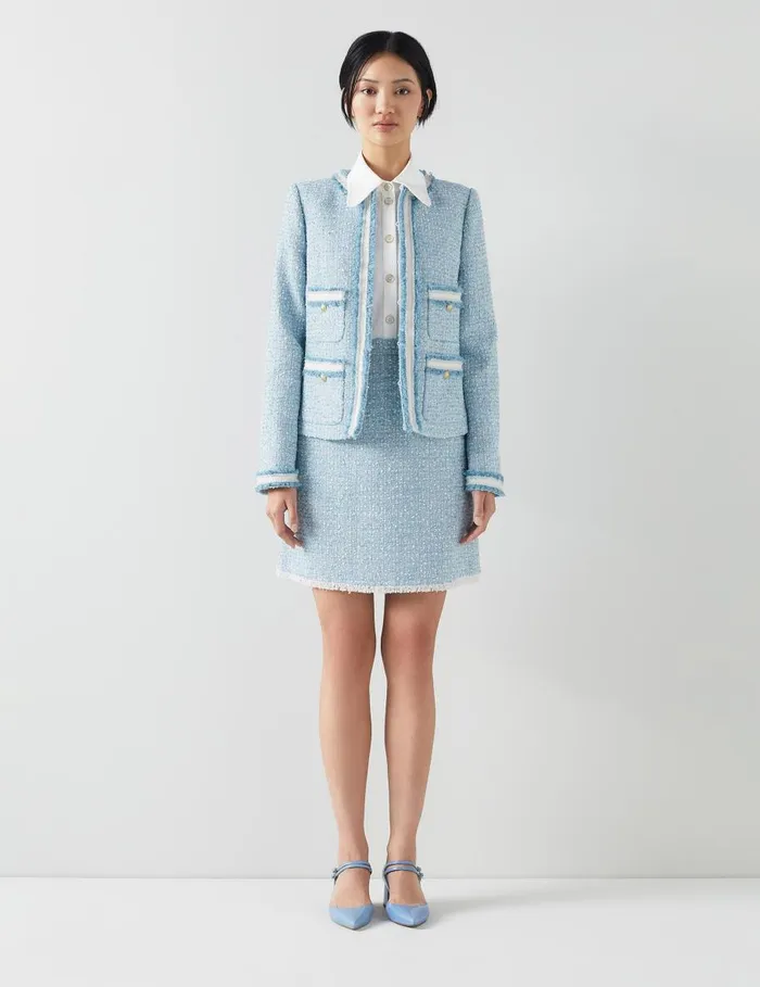 Women Coats and Jackets LKBennett Charlie Blue Tweed Trim Jacket Blue Cream Women Coats and Jackets LKBennett Charlie Blue Tweed Trim Jacket Blue Cream