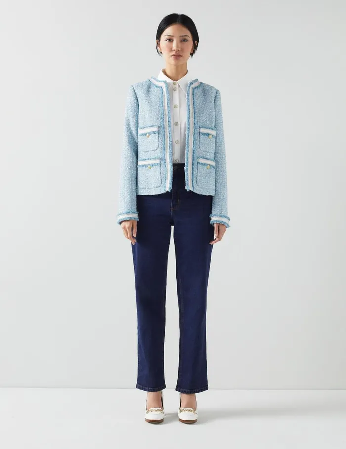 Women Coats and Jackets LKBennett Charlie Blue Tweed Trim Jacket Blue Cream Women Coats and Jackets LKBennett Charlie Blue Tweed Trim Jacket Blue Cream