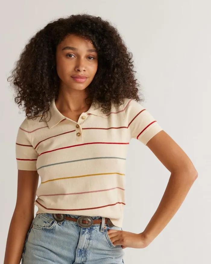 Women COTTONCASHMERE POLO SWEATER Ivory Multi Stripe Pendleton Sweaters