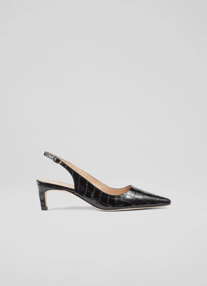 Women Court Shoes LKBennett Alyssa Black CrocEffect Leather Kitten Heel Slingbacks Black