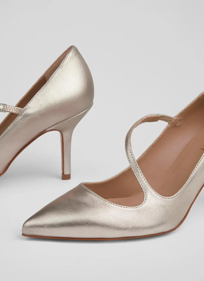 Women Court Shoes LKBennett Simone Metallic Leather Asymmetric Strap Courts Metallic