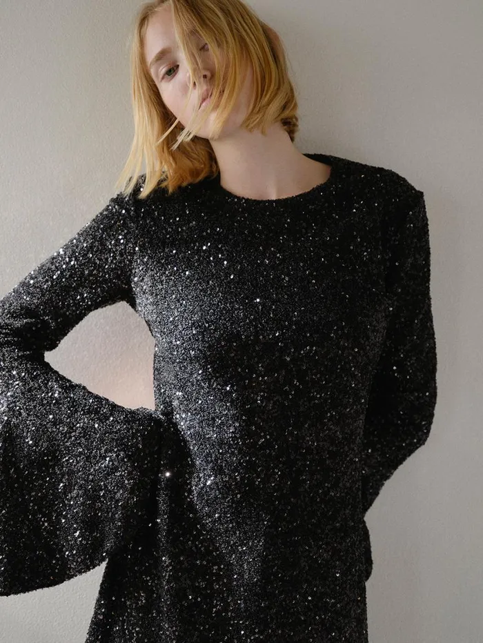 Women Dresses FRAME Sequin Flutter Sleeve Dress 8212 Black