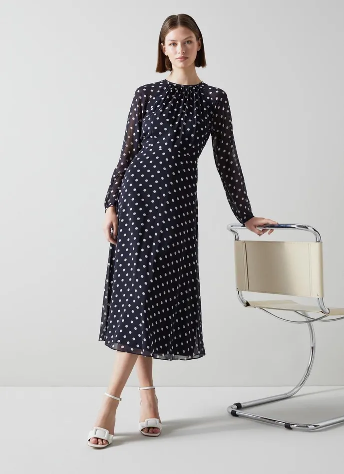 Women Dresses LKBennett Addison Navy And Cream Spot Recycled Polyester Dress Navy Blue Women Dresses LKBennett Addison Navy And Cream Spot Recycled Polyester Dress Navy Blue