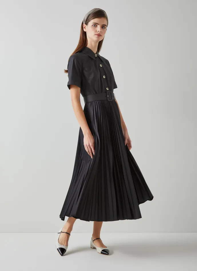 Women Dresses LKBennett Cally Black Pleated Shirt Dress Black