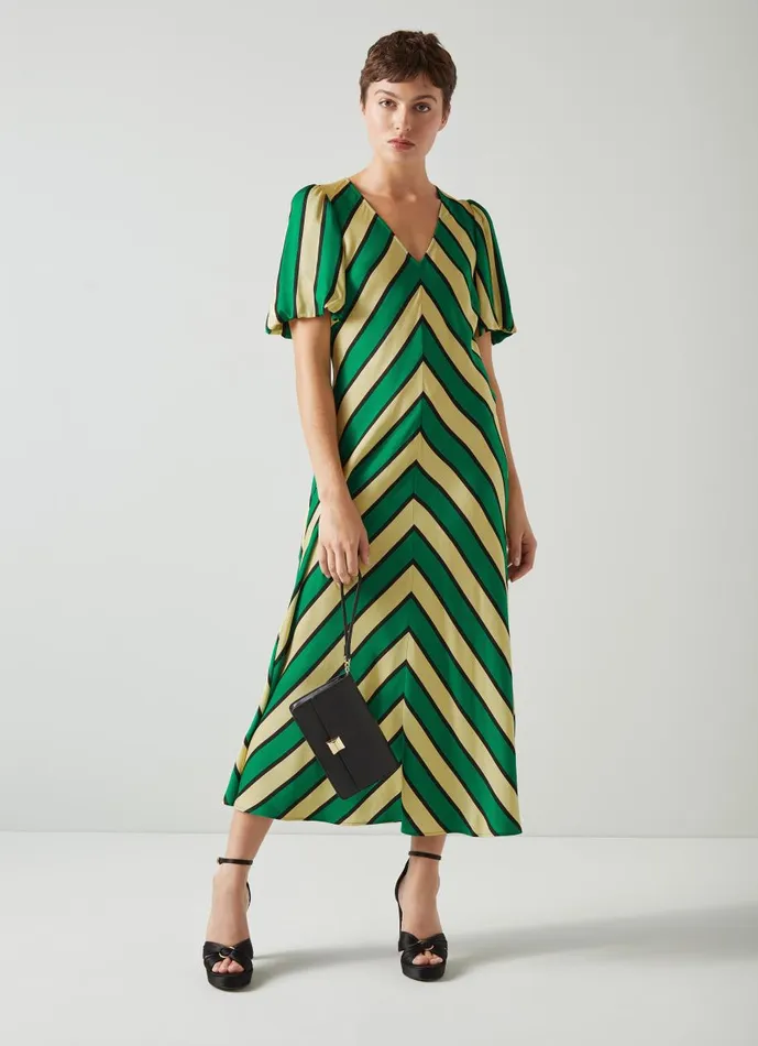 Women Dresses LKBennett Meerim Green And Yellow Chevron Stripe Midi Dress Multi