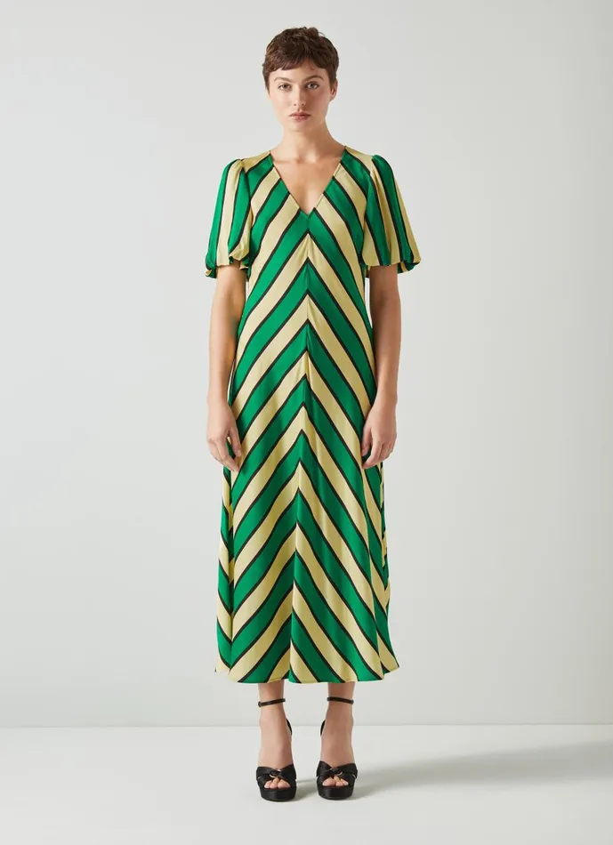 Women Dresses LKBennett Meerim Green And Yellow Chevron Stripe Midi Dress Multi