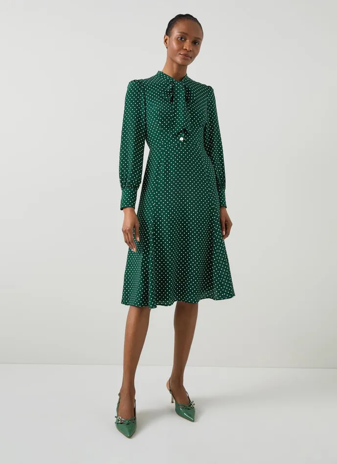 Women Dresses LKBennett Mortimer Green and Cream Polka Dot Silk Dress Green