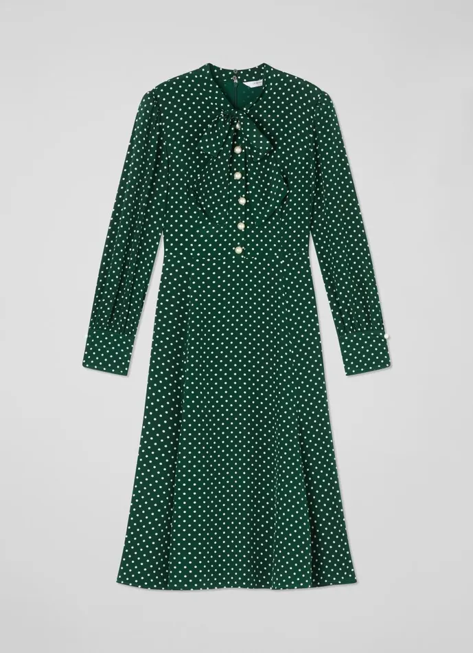 Women Dresses LKBennett Mortimer Green and Cream Polka Dot Silk Dress Green