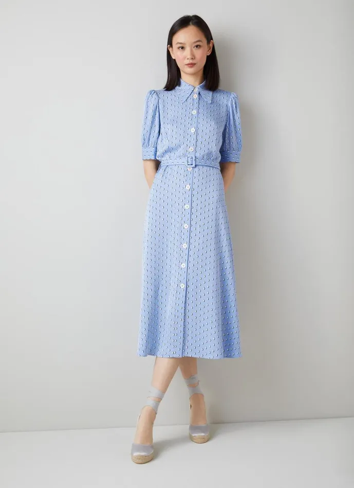 Women Dresses LKBennett Valerie Blue And Cream Graphic Diamond Print Shirt Dress Blue