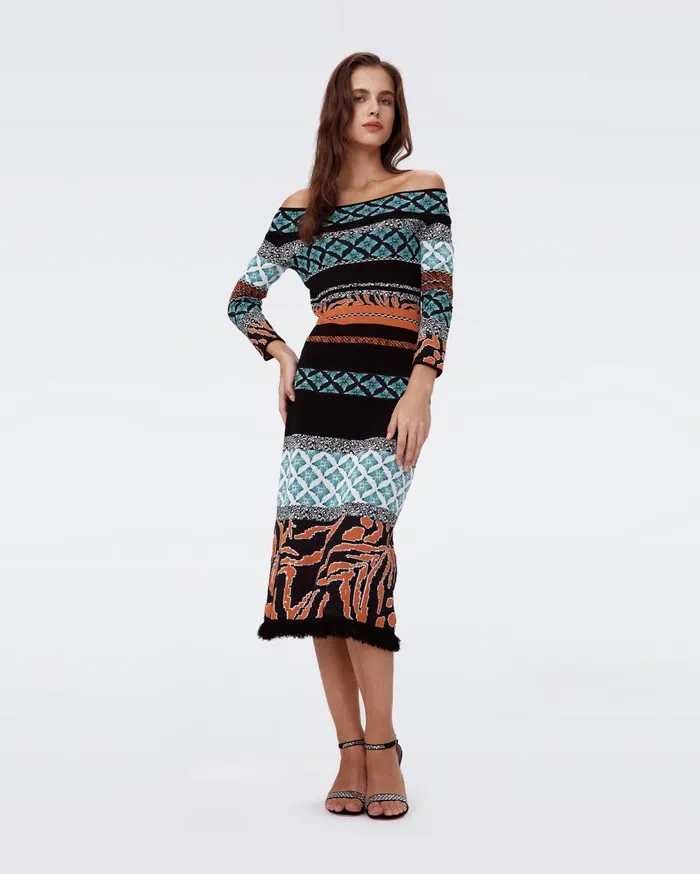 Women Ellanor Knit Jacquard Dress Multicolor Retro Stripe DVF Dresses