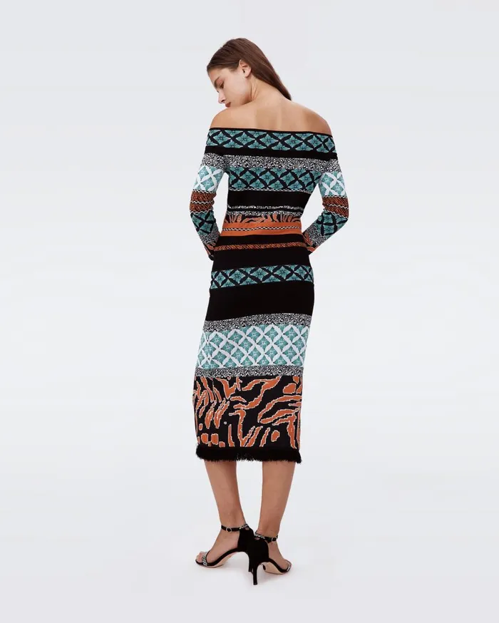Women Ellanor Knit Jacquard Dress Multicolor Retro Stripe DVF Dresses