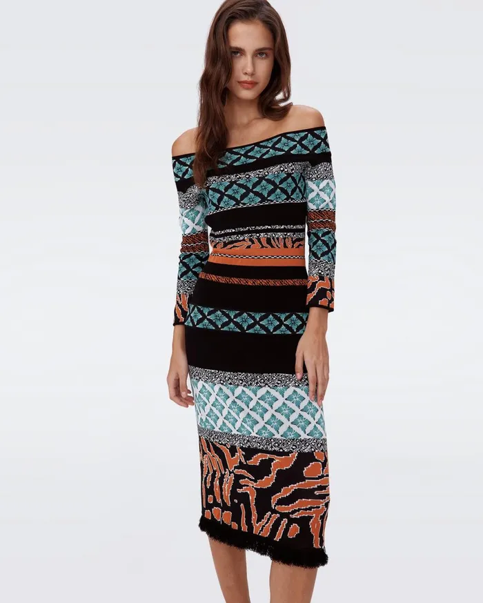 Women Ellanor Knit Jacquard Dress Multicolor Retro Stripe DVF Dresses
