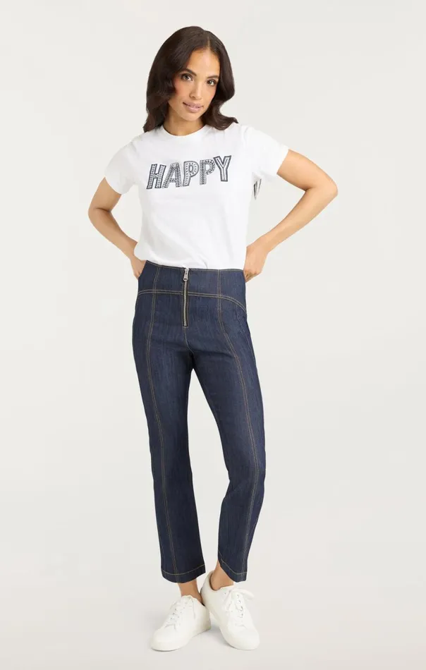 Women Embroidered Happy Tee Whitenavy Cinq Sept Tees
