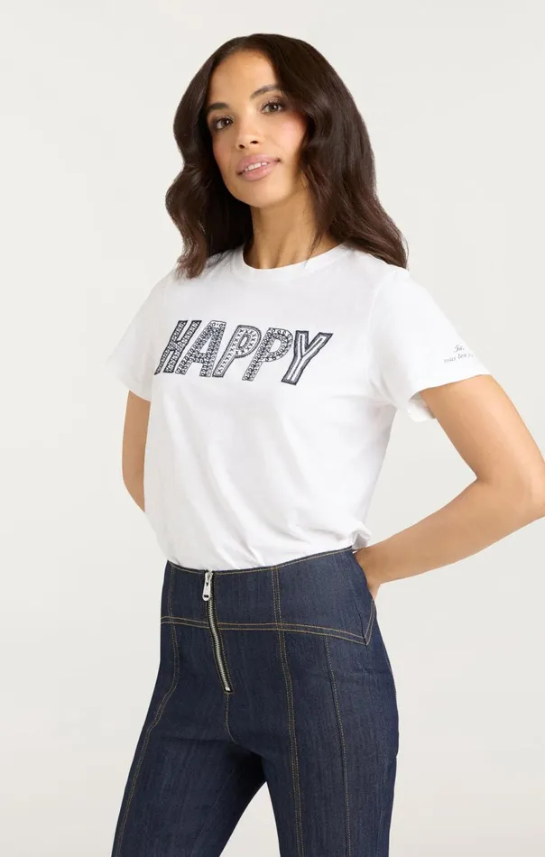 Women Embroidered Happy Tee Whitenavy Cinq Sept Tees