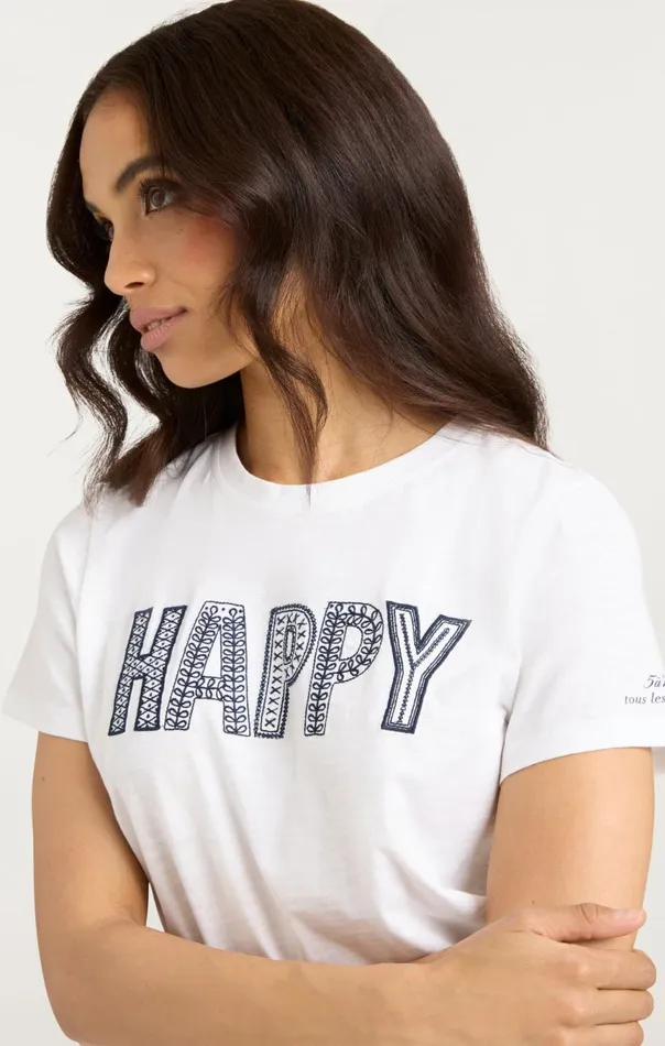 Women Embroidered Happy Tee Whitenavy Cinq Sept Tees