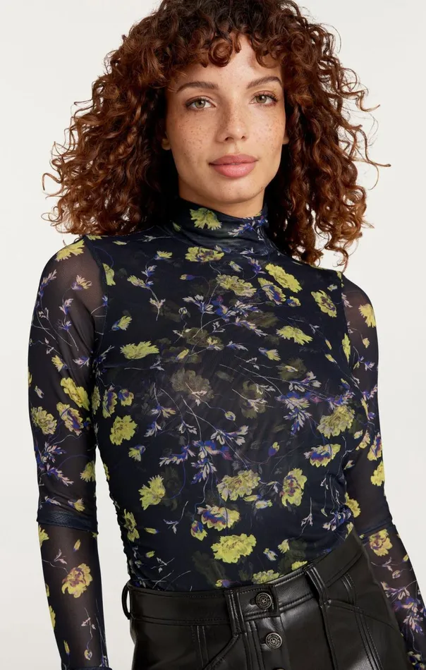 Women Falling Poppies Shirred Mesh Turtleneck Blackmulti Cinq Sept Long Sleeve Tops