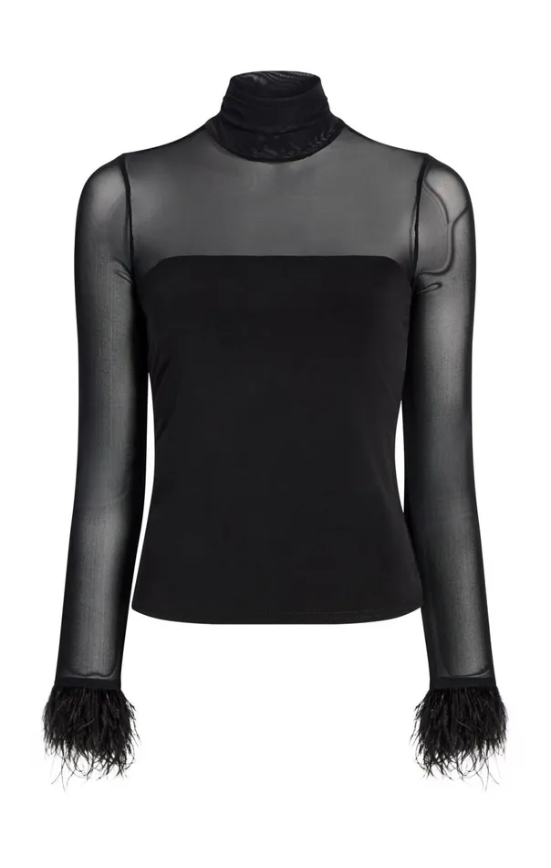 Women Feather Trim Shantel Top Black Cinq Sept Long Sleeve Tops