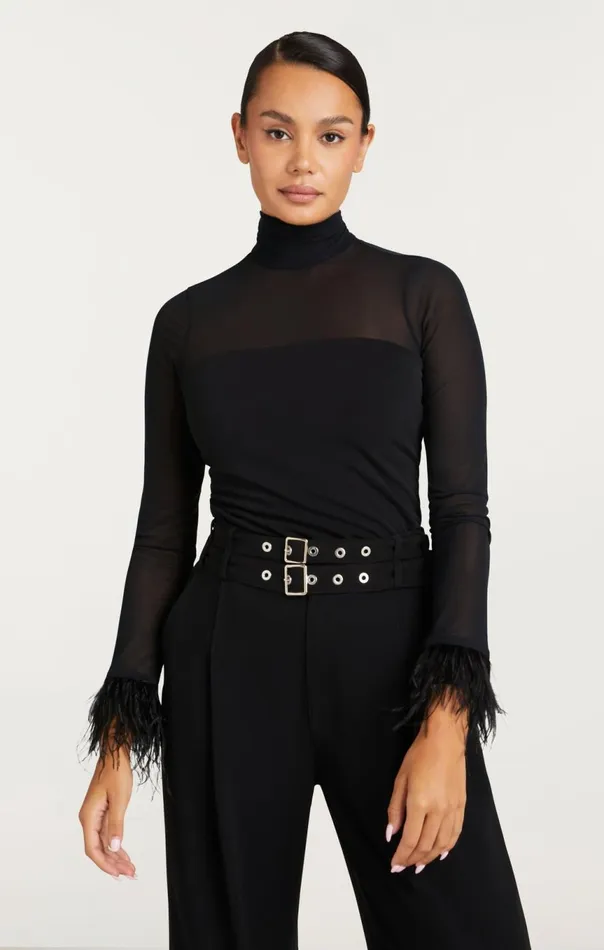 Women Feather Trim Shantel Top Black Cinq Sept Long Sleeve Tops