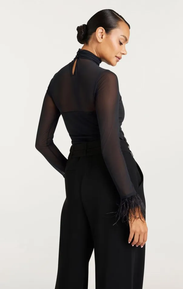 Women Feather Trim Shantel Top Black Cinq Sept Long Sleeve Tops