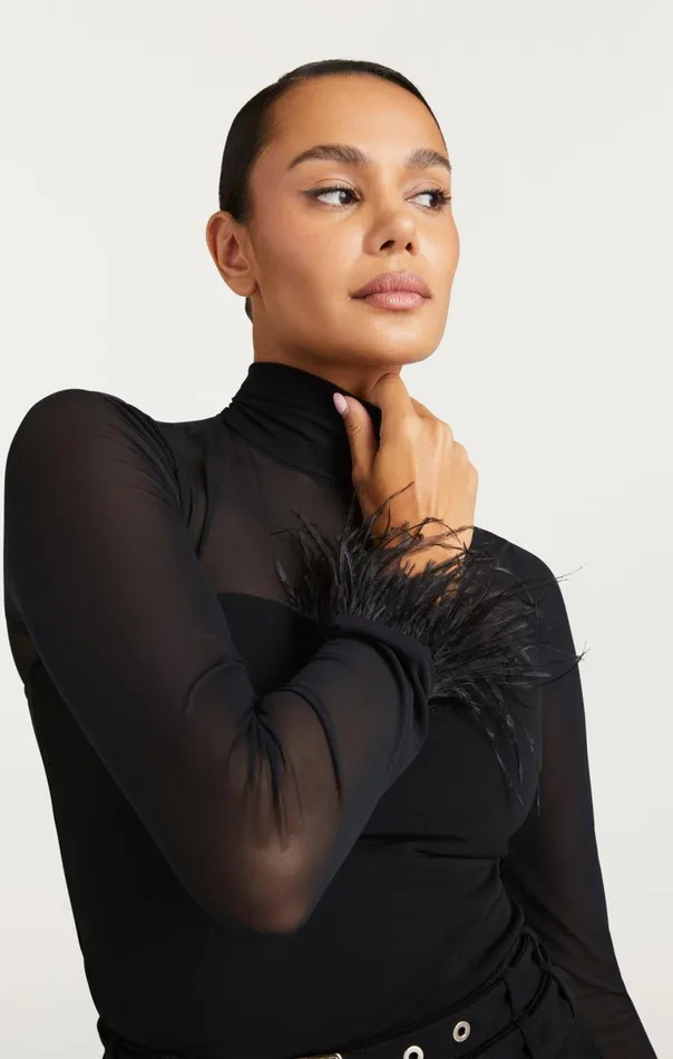 Women Feather Trim Shantel Top Black Cinq Sept Long Sleeve Tops