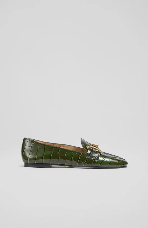 Women Flats LKBennett Daphne Green CrocEffect Leather Loafers Dark Green