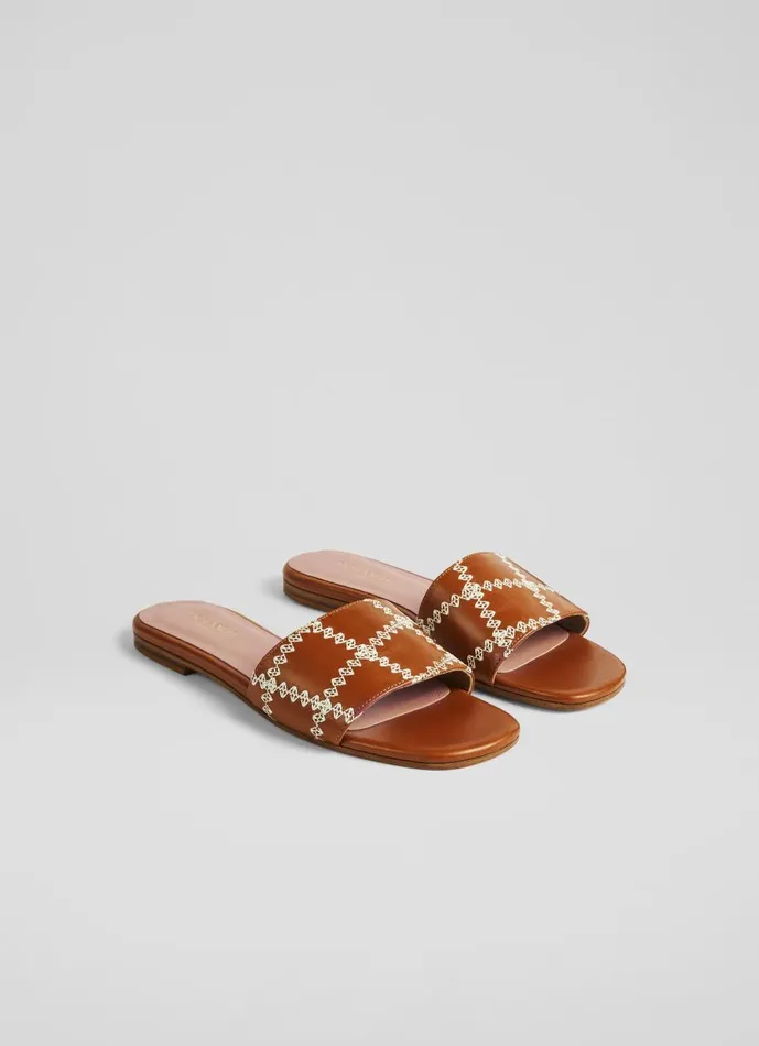 Women Flats LKBennett Hema Tan Leather Stitch Detail Flat Mules Saddle