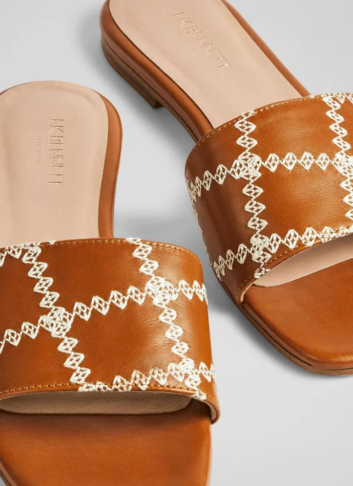 Women Flats LKBennett Hema Tan Leather Stitch Detail Flat Mules Saddle