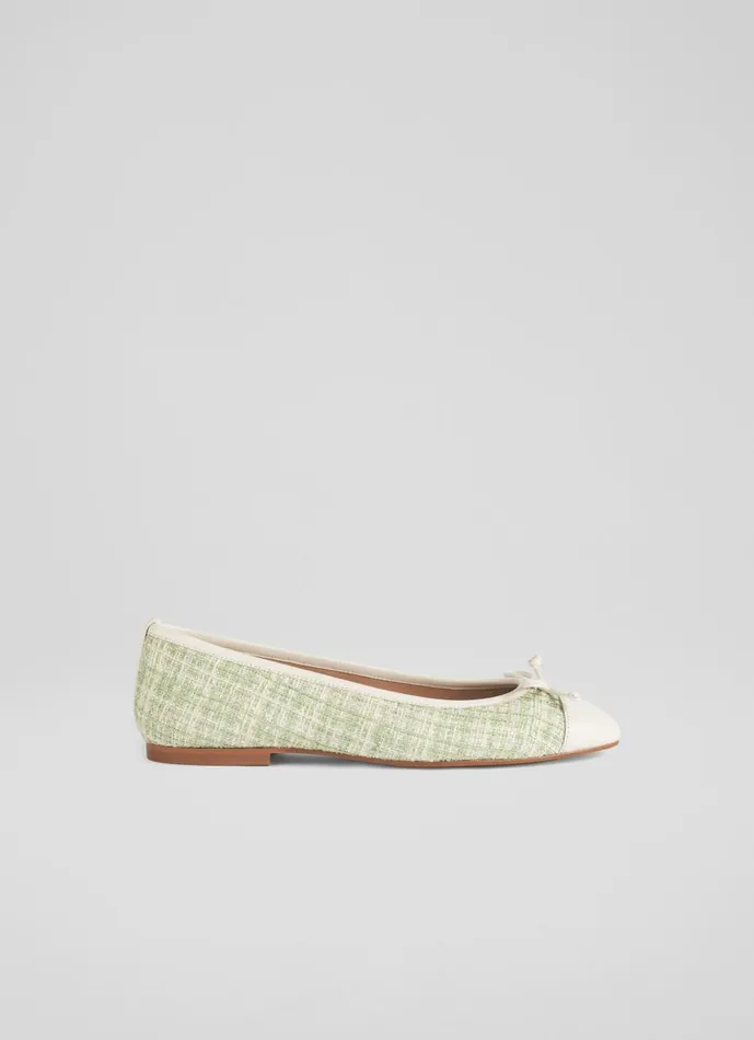 Women Flats LKBennett Kara Green And Cream Tweed And Leather Toe Cap Ballet Pumps Pistachio