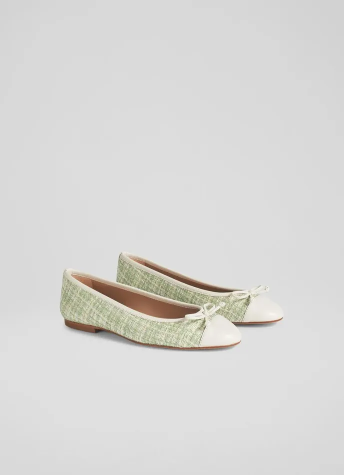 Women Flats LKBennett Kara Green And Cream Tweed And Leather Toe Cap Ballet Pumps Pistachio
