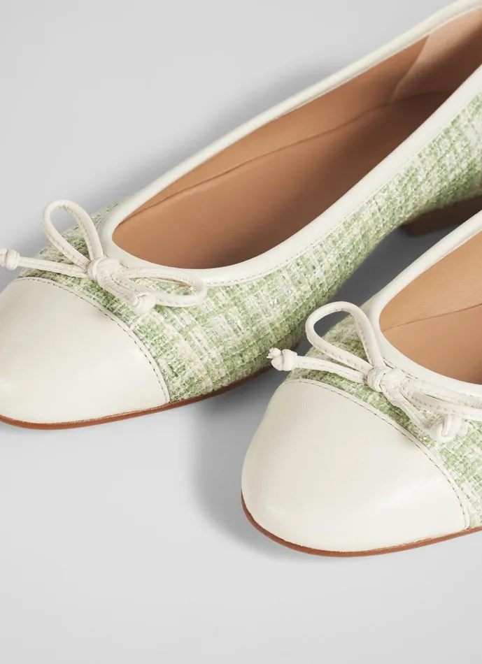 Women Flats LKBennett Kara Green And Cream Tweed And Leather Toe Cap Ballet Pumps Pistachio