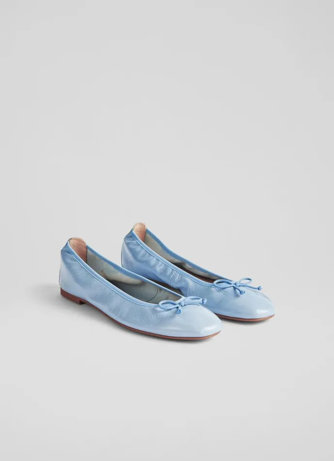 Women Flats LKBennett Trilly Blue Crinkled Patent Ballet Pumps Storm