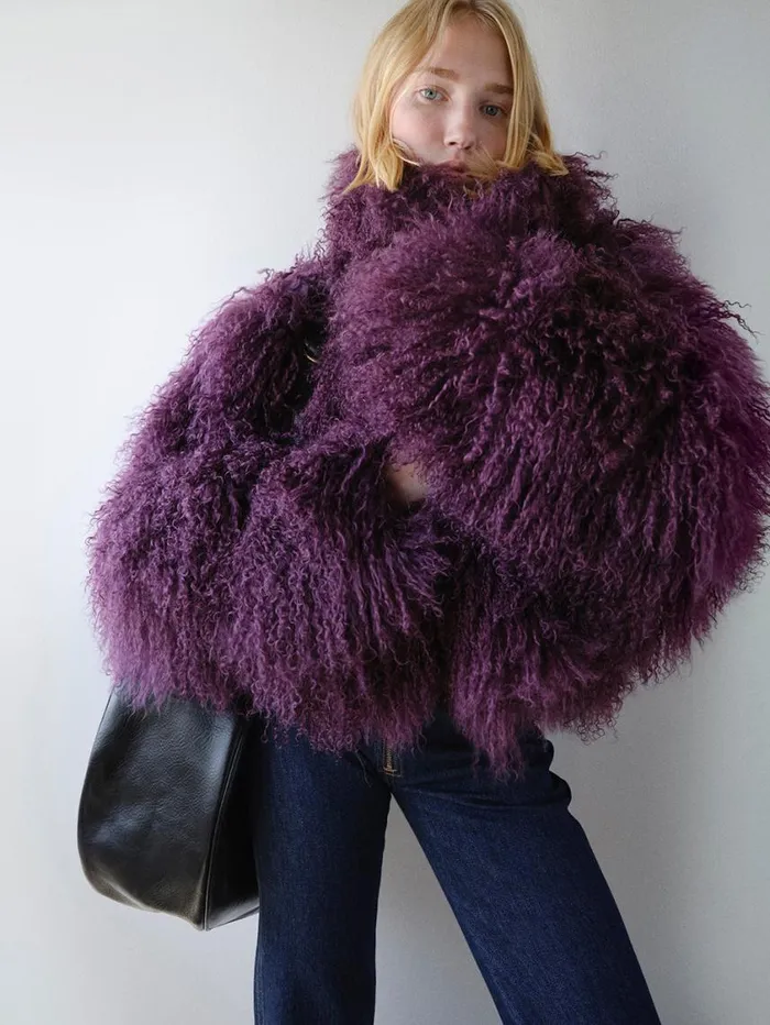 Women Jackets and Coats FRAME Shaggy Shearling Coat 8212 Plum