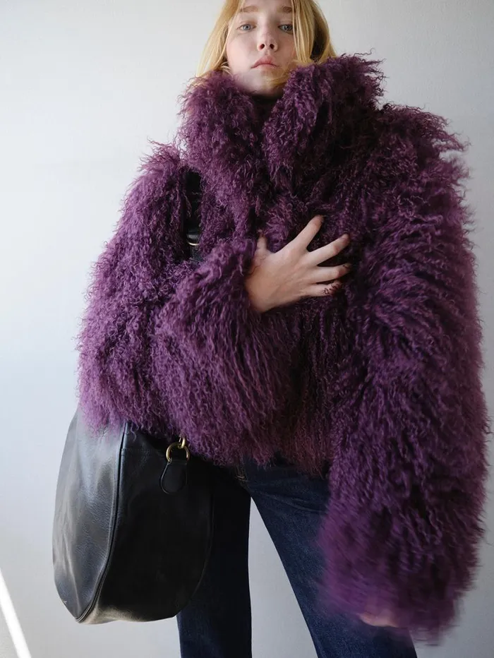 Women Jackets and Coats FRAME Shaggy Shearling Coat 8212 Plum