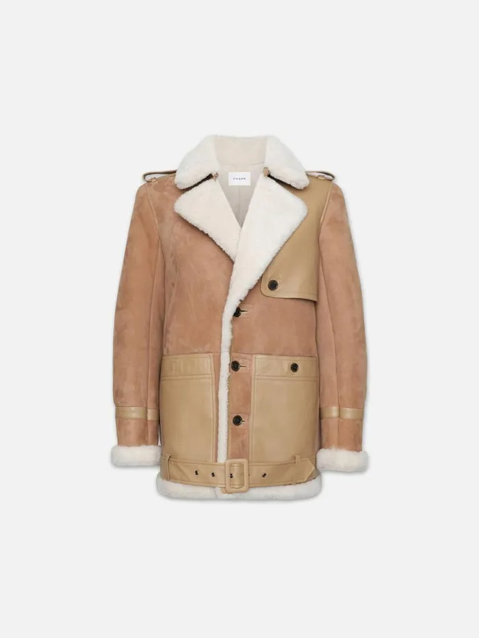 Women Jackets and Coats FRAME Short Shearling Trench 8212 Mocha