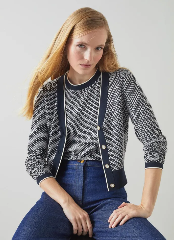 Women Knitwear LKBennett Honey Blue CottonMerino Blend Waffle Knit Cardigan Navy Ivory Women Knitwear LKBennett Honey Blue CottonMerino Blend Waffle Knit Cardigan Navy Ivory